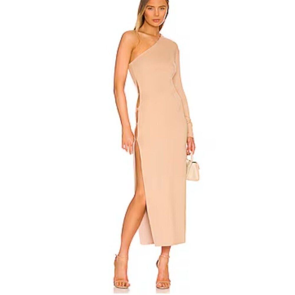 NYTK Not Yours To Keep Kyrie Midi Dress Womens XS Soft Sand One Shoulder Bodycon